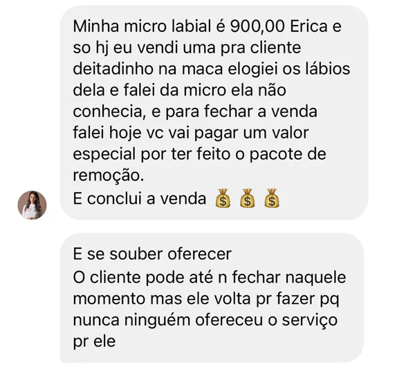 Print de mensagem de aluna relatando agendamentos e vendas