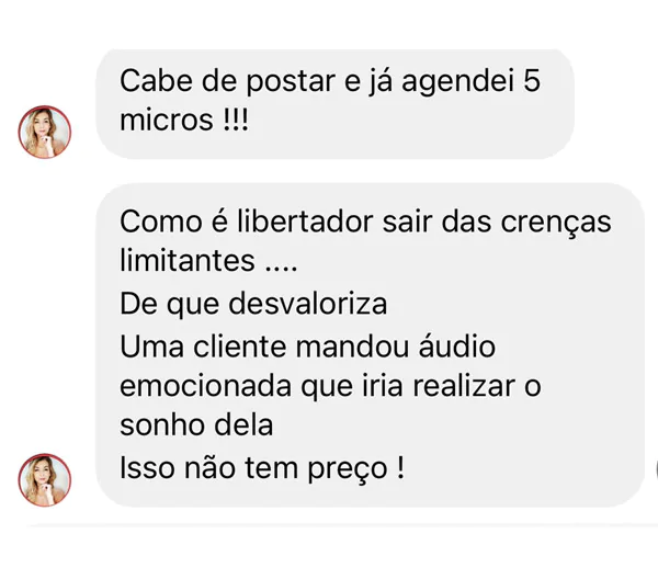 Print de mensagem de aluna relatando agendamentos e vendas