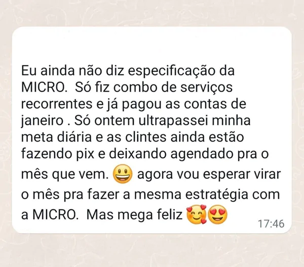 Print de mensagem de aluna relatando agendamentos e vendas