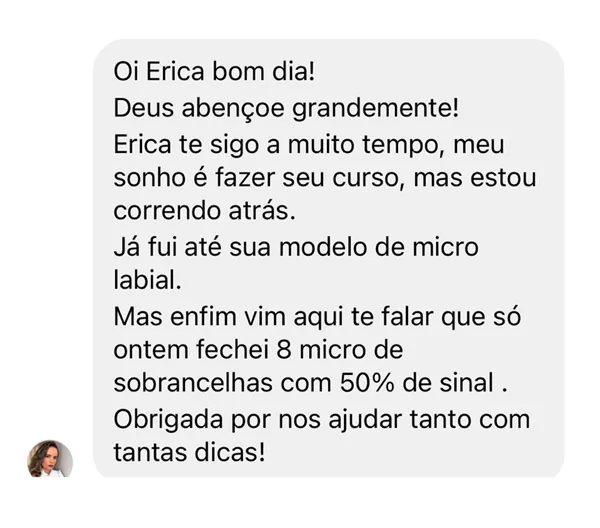 Print de mensagem de aluna relatando agendamentos e vendas