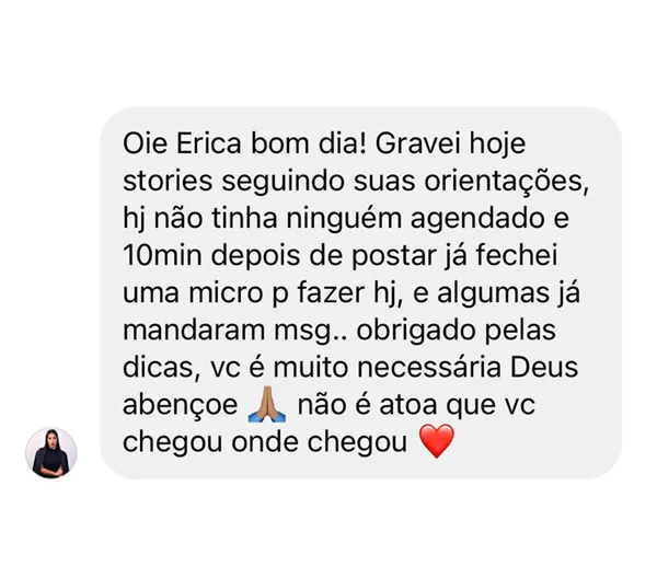 Print de mensagem de aluna relatando agendamentos e vendas