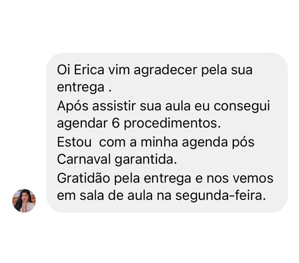 Print de mensagem de aluna relatando agendamentos e vendas