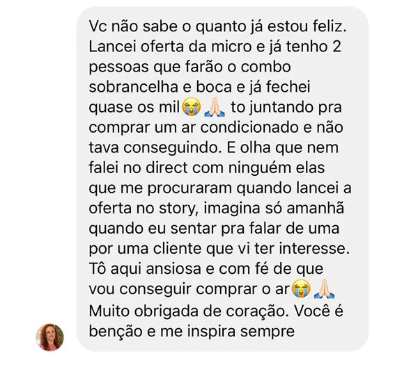 Print de mensagem de aluna relatando agendamentos e vendas
